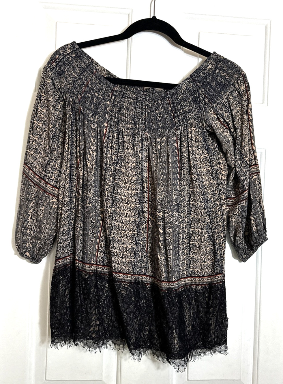 Anthropologie Vanessa Virginia Augusta 3/4 Sleeve Off Shoulder Brown/ Blue Lace